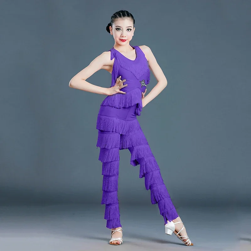 Nieuwe Latin Dance Jurk Meisjes Kleding Dans Performance Pak Kinderen Franje Jumpsuit Vrouwen Mouwloze Kwast Latin Broek