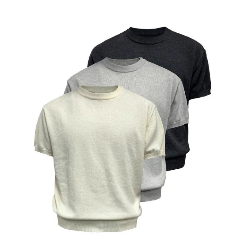 

In Stock Solid Color Knitted Men'S Short Sleeve-Shirt Summer Breathable Loose Top Old Money Style Cool Knitted Shirt