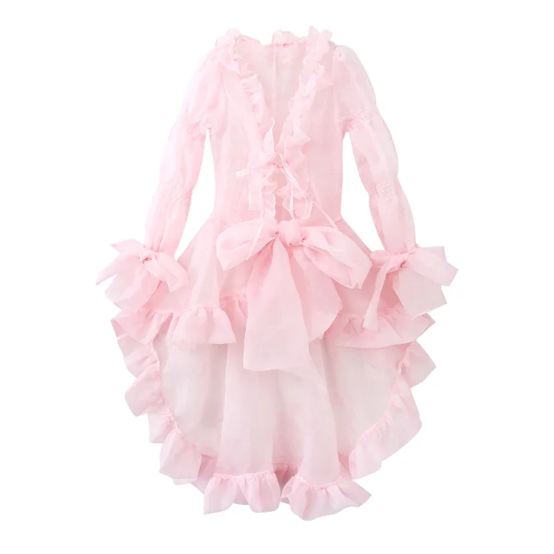 Kawaii Ruffle Puffy Women 3-piece Set Dress Underskirt Shawl Shrug Princess Pink Mini Evening High Low Dress Lolita Tutu Train