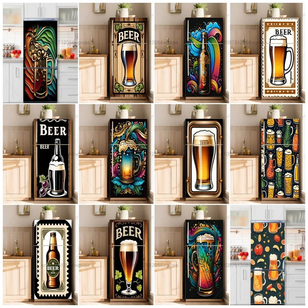 Vintage Beer Refrigerator Stickers Waterproof Self-Adhesive Fridge Decals Removable Beer Mug Fridge Wrap for Kitchen Bar Decor