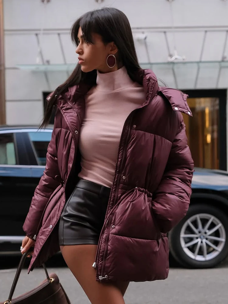 

Casual Drawstring Hooded Cotton Coat Women Long Sleeve Single Breasted Zipper Waist Cinching Jacket Lady Winter Street Outerwear