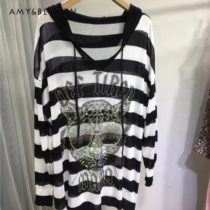 

Popular Design Cartoon Top Loose Medium And Long Thin Hooded Striped Long-sleeved Shirt 2026 Spring Summer New Y2k Kawaii Tshirt