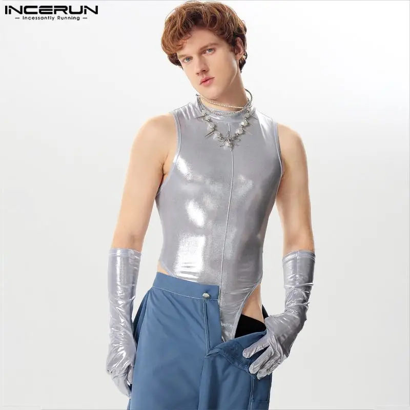 INCERUN 2024 Sexy Men\'s Homewear Jumpsuits Fashionable Flash Fabric Glove Design Rompers Casual Male Sleeveless Bodysuits S-5XL