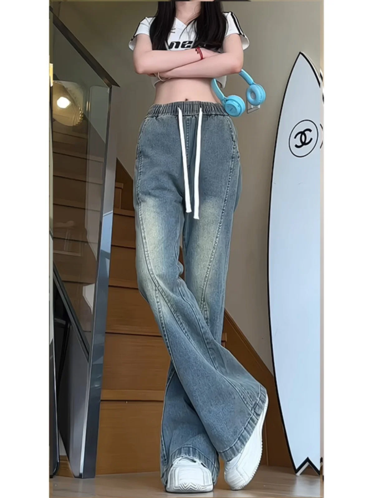 

Men's Spring Autumn Heavy Du Waed Denim Jeans Patchwork Micro Flared Loose Straight Leg Clean Fit Trousers