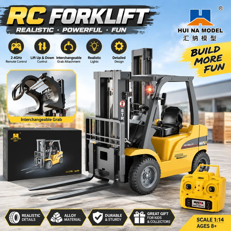 Hui Na Alloy Remote Control Forklift Electric Large Engineering Vehicle Model Detachable Mechanical Head Adult Hobby Birthday