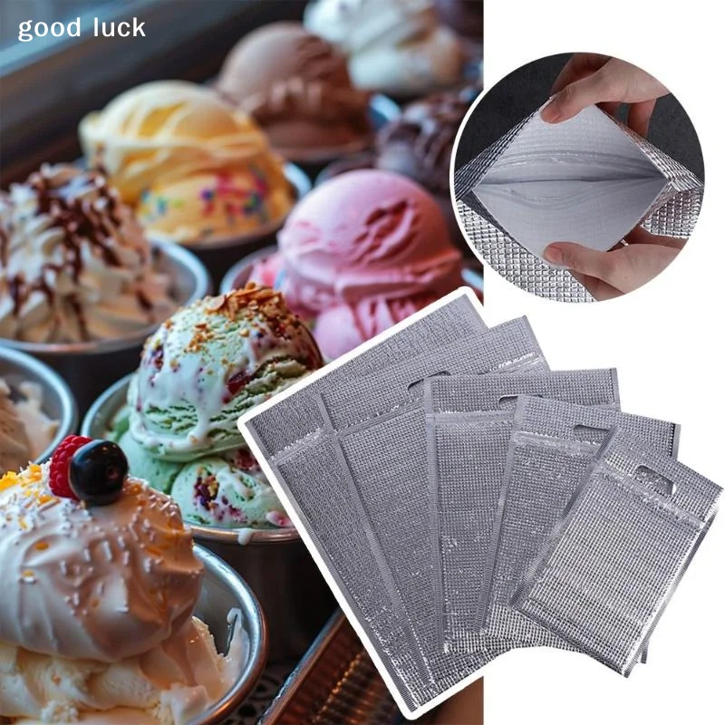 5Pcs Aluminum Foil Insulated Thermal Bags With Zipper Carry Handle Multiple Sizes For Takeout Delivery Camping Grocery Shopping