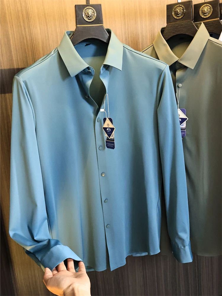 

Высококачественные роскошные мужские длинные све Slim Fit irt с воротником-стойкой для поездок на работу, чистый цвет, Busin Sle, осенний сезон