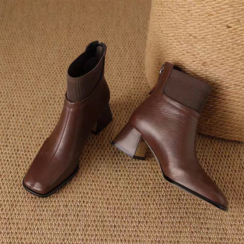 Women Sock Ankle Boots PU Leather High Heels Shoes Back Zipper Short Boots 2026 Winter Party Daily Short Plush Warm Women Botas