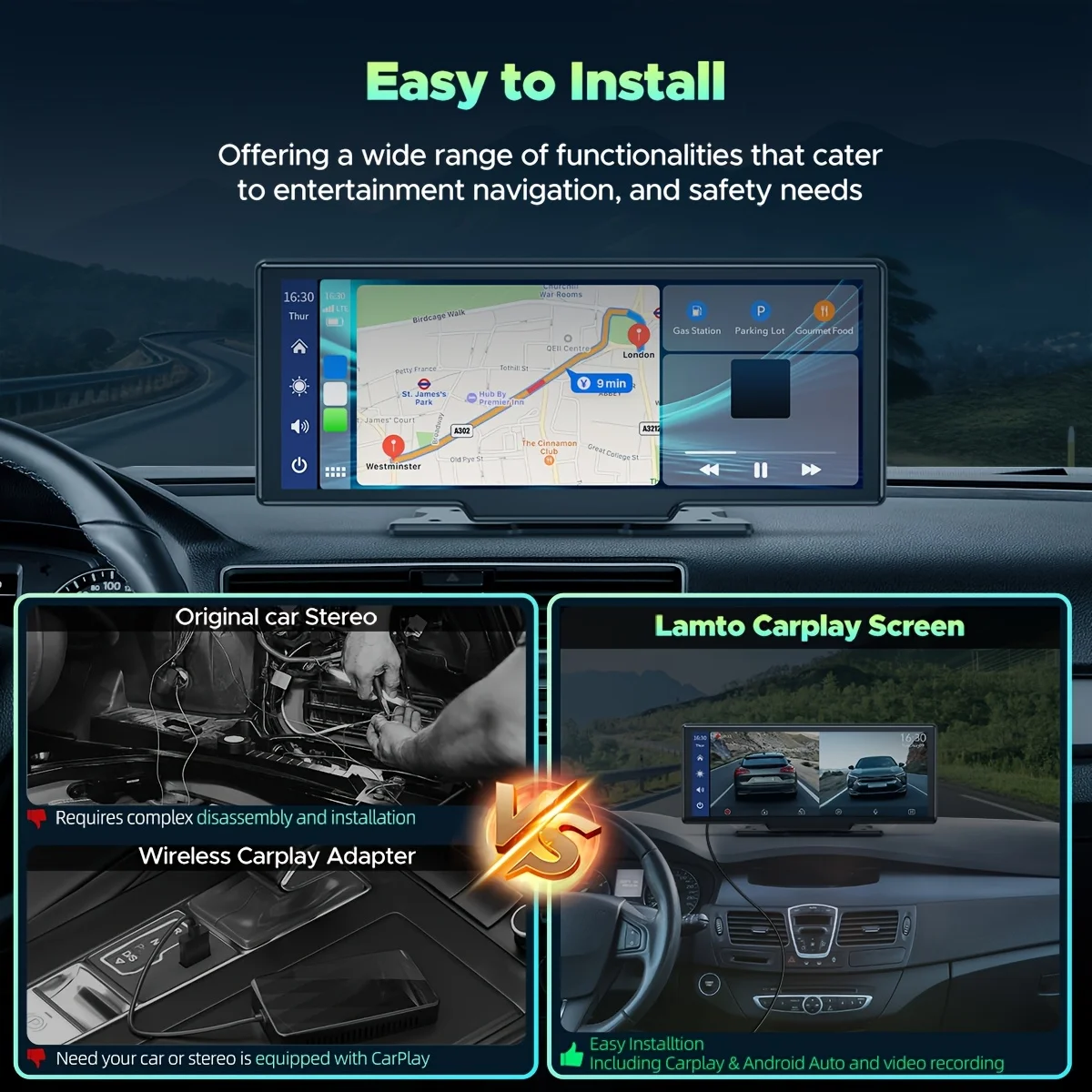 

10,26-дюймовый портативный беспроводной мультимедийный проигрыватель CarPlay Android Auto, автомобильная магнитола с сенсорным экраном и Bluetooth