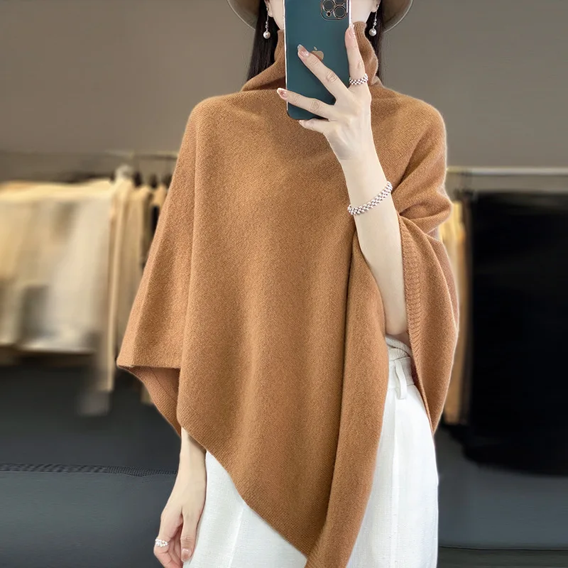 New Autumn and Winter 100% Wool Pile Collar Large Shawl for Women Pure Color Asymmetrical Versatile Knitted Cape with Cape