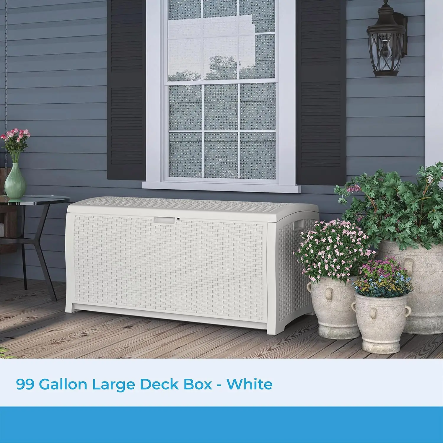 99 Gallon Wicker Horizontal Outdoor Deck Box with Hinged Lid, Water-Resistant Storage Solution for Patio, Deck, Yard