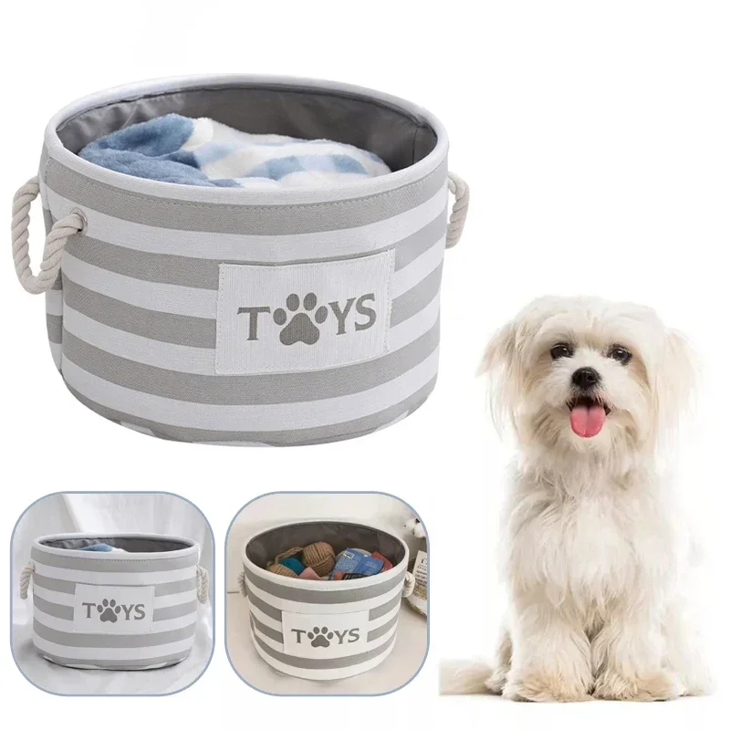 

Large Dog Pets Sundry Storage Basket Foldable Round Striped Linen Storage Box with Handle Dirty Clothes Sundries Organizer