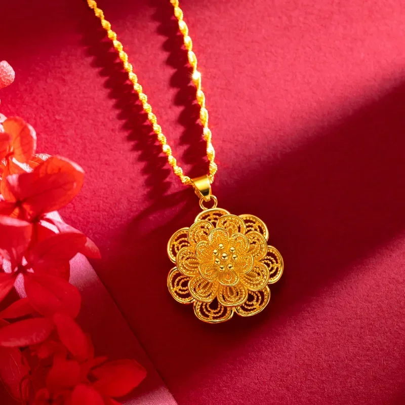 

9999 Real Gold 24K Multi-layer Gold Big Flower Pendant Necklace Femininity Vintage Big Flower Clavicle Necklace