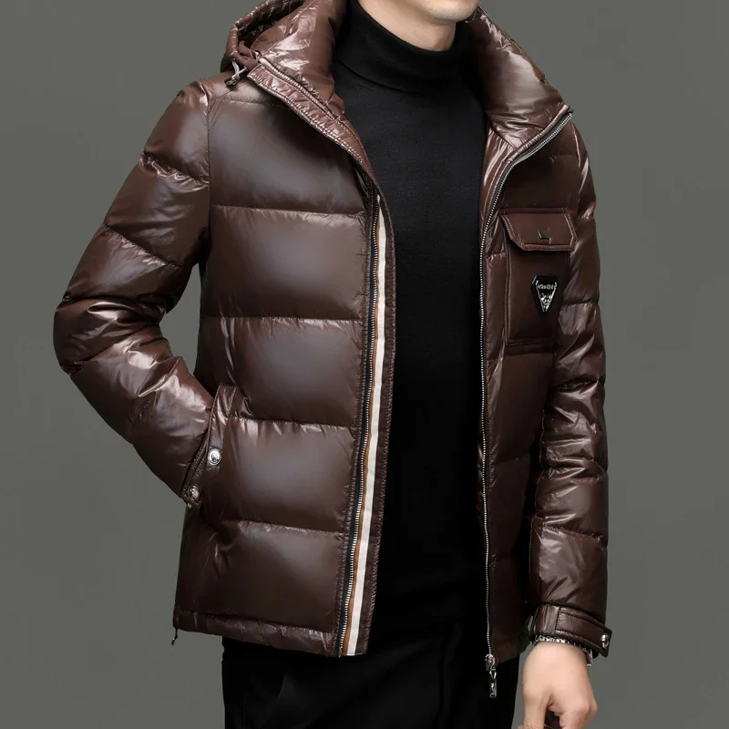 Jaqueta curta brilhante masculina, acolchoado de pato, roupas de grife, saco casual masculino, casaco frio masculino para inverno