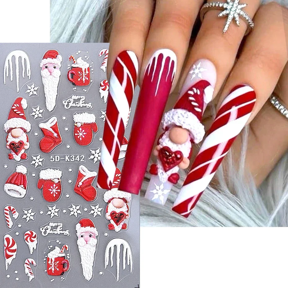

5D Realistic Relief Santa Claus Nail Stickers Snowflakes Christmas tree Elk Stars Self-Adhesive Nail Decals Manicure Decoration