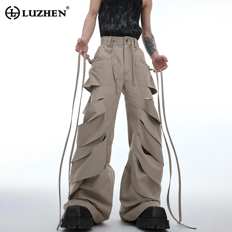 

LUZHEN Personalized Trendy Ribbon Patchwork Hollow Design Pants Original Stylish Street Plain High Quality Men's Trousers LZ4522