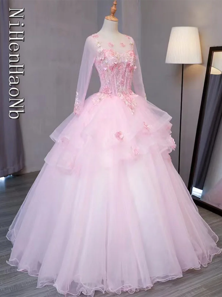 Pink Quinceanera Dresses With Long Sleeves Princess Prom Gowns Tulle Appliques Ball Gown Sweet 15 16 Dresses