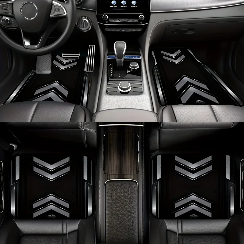 4pcs Black And Gray Mecha Style Car Floor Mats - Durable, Non-Slip, Stylish Design For Most Vehicles, Perfect For Road Trips And