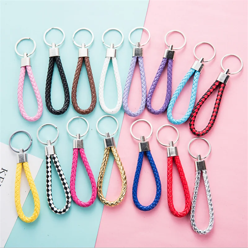 New Handmade PU Leather Rope Pendant Keychain Woven Key Chain Metal Key Rings for Women Bag Ornaments Car Key Ring Accessory