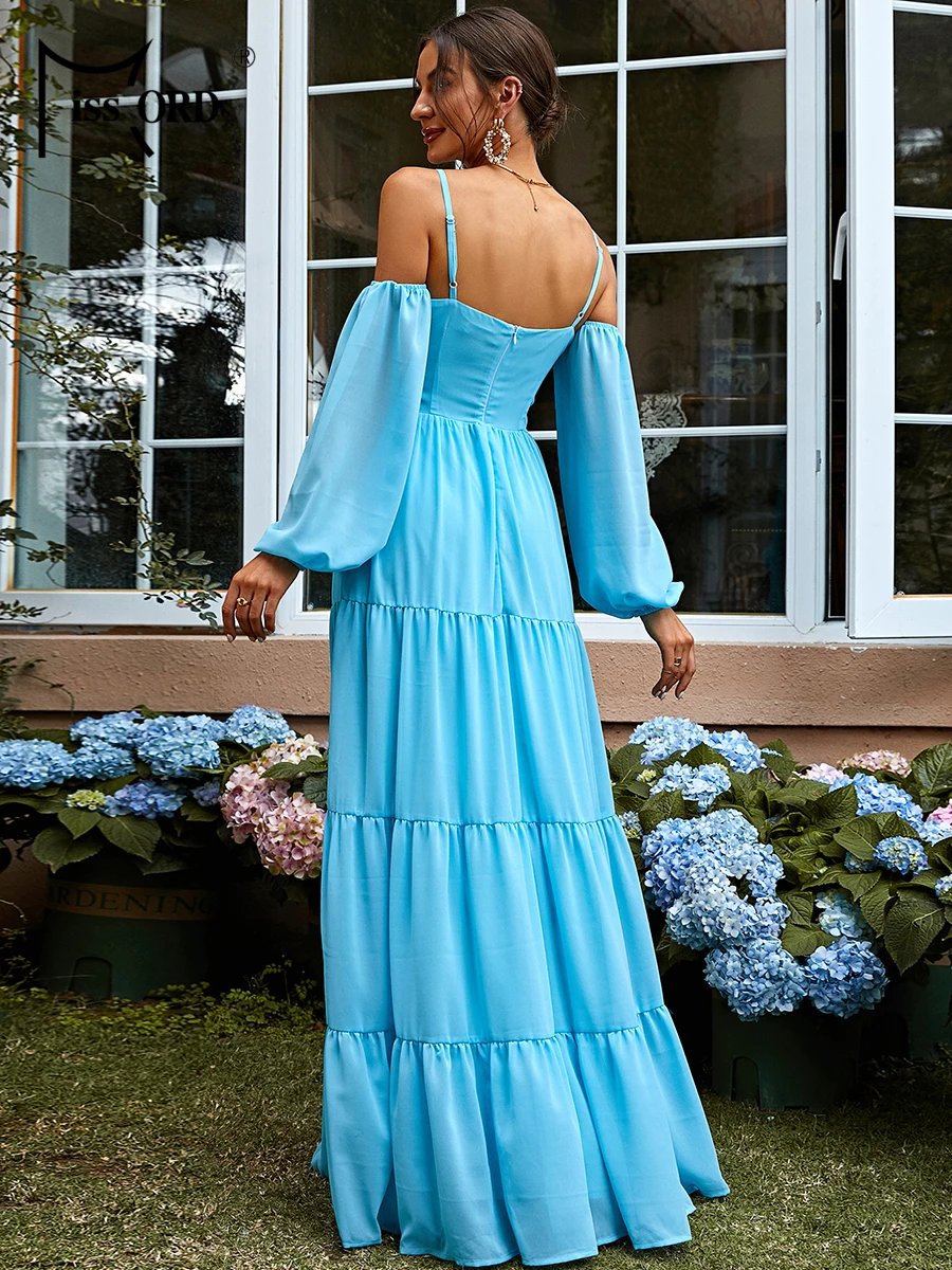 Missord Summer Blue Casual Dress Women Spaghetti Strap Lantern Sleeve Cut-out a-line Ruffle Hem Beach Holiday Dresses