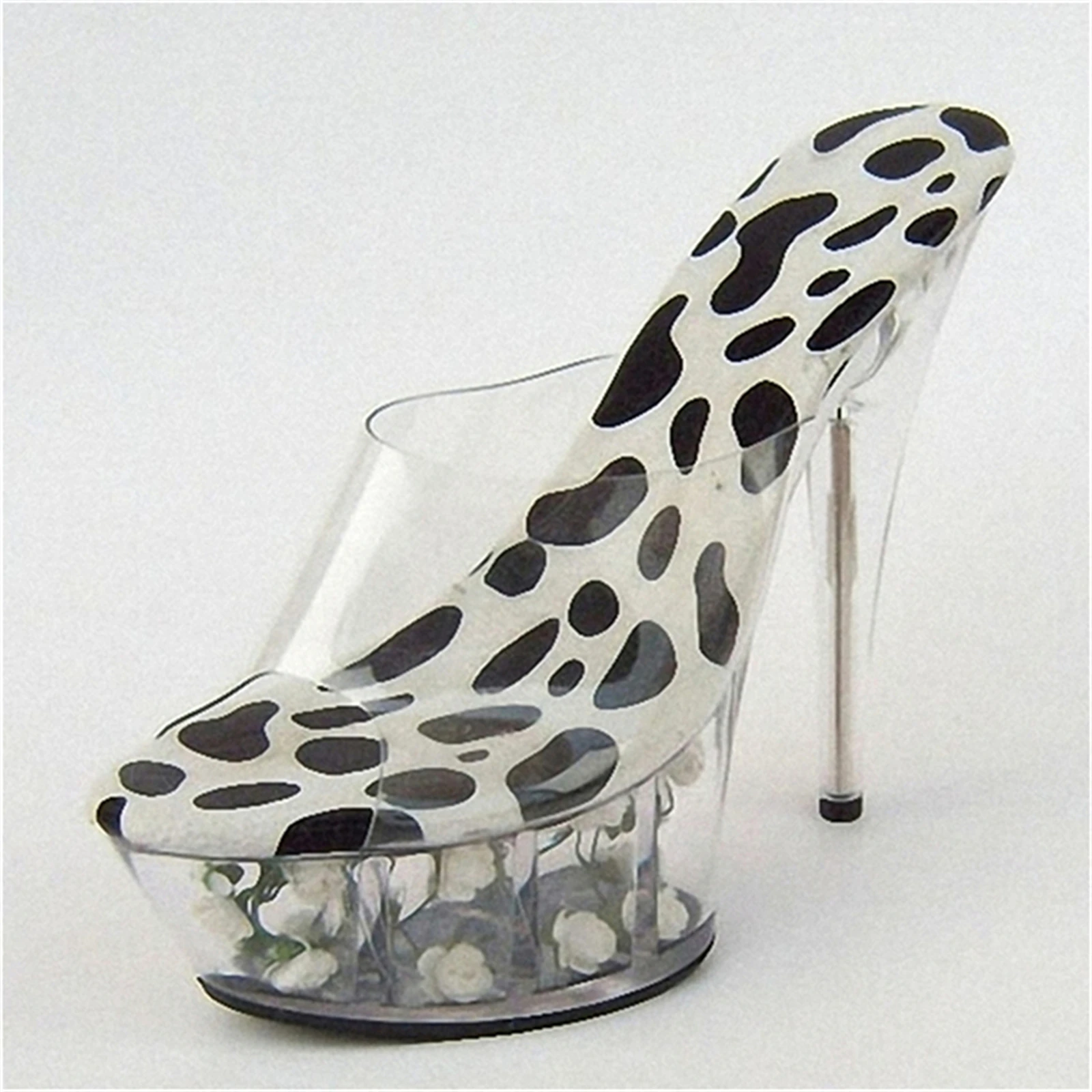 ​15CM Animal Print Platform Heels, Zebra/Cow/Leopard Pattern Mules with Flower-Filled Clear Chunky Sole & Stiletto Heel