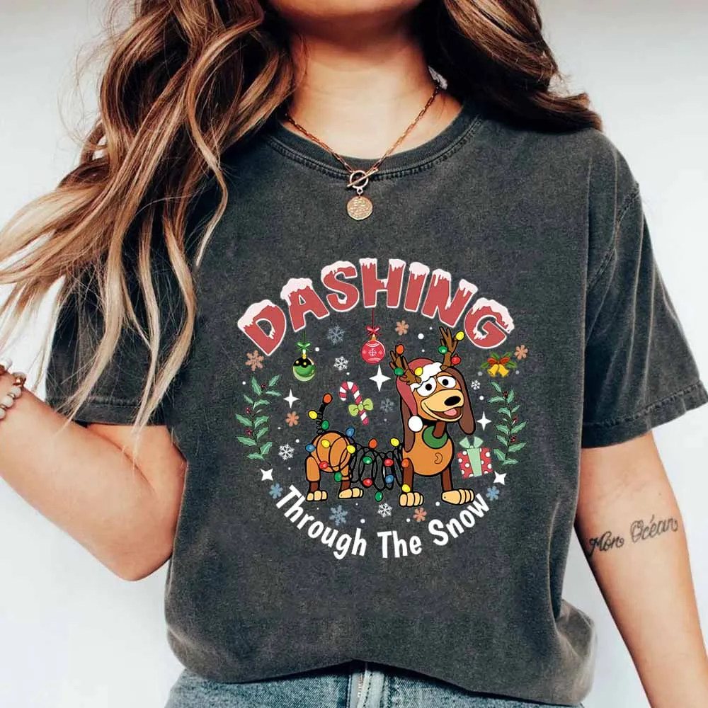 

Рубашка Dashing Through The Snow Забавная рождественская футболка с собакой Slink, футболки с надписью It Up Merry Christmas, одинаковые топы для рождественского отдыха, подарок