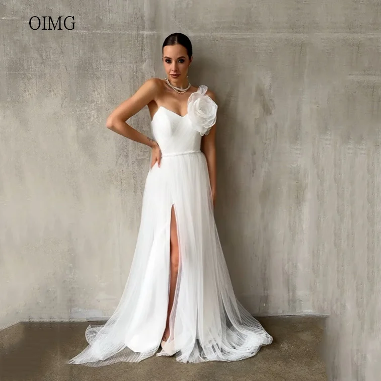 

OIMG Pastrol Ivory A-line Wedding Dress Tulle V Neck With Flower Bride Dresses Side Slit Floor Length Wedding Gowns Customized