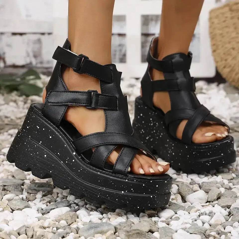 Summer Fashion Leather Platform Female Gladiator High Heels Sandals Women Chunky Outdoor Wedges Woman Shoe