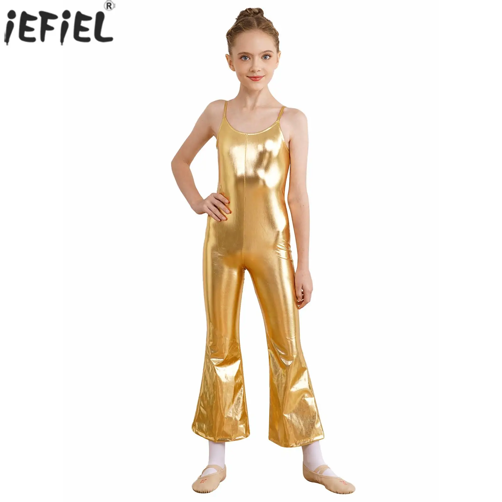 

Kids Girls Metallic Shiny Gymnastic Jumpsuit Jazz Ballet Dance Competition Performance Costume Sleeveless Bell-Bottomed Bodysuit
