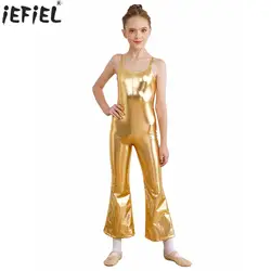 Macacão de ginástica metálico brilhante infantil, competição de dança, traje de performance sem mangas, bodysuit com fundo sino, Jazz Ballet, meninas