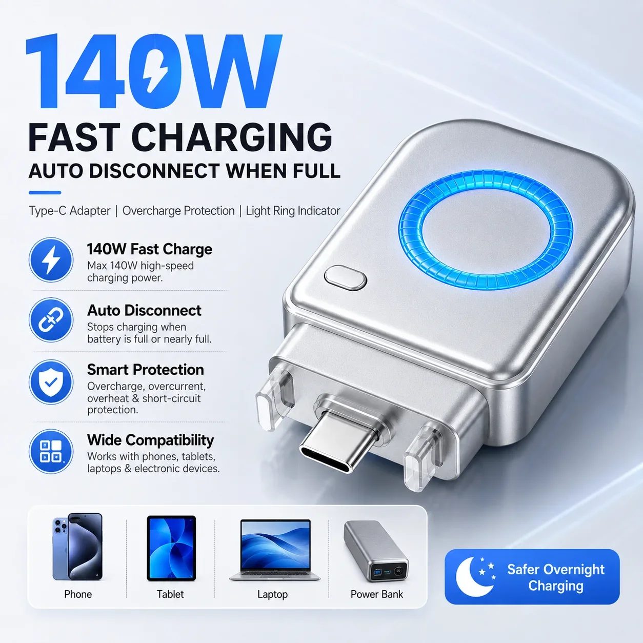 140W Full Charge Separator Automatic Separator AI Recognition Automatic Power Off for Type C Electronic Devices