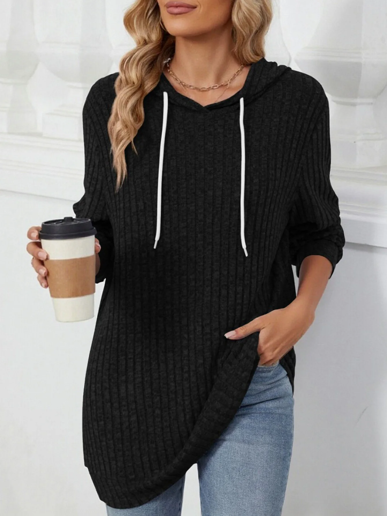 

Women's Plus Size Ribbed Hoodie with Drawstring, Long Sleeve Casual Top for Spring Autumn