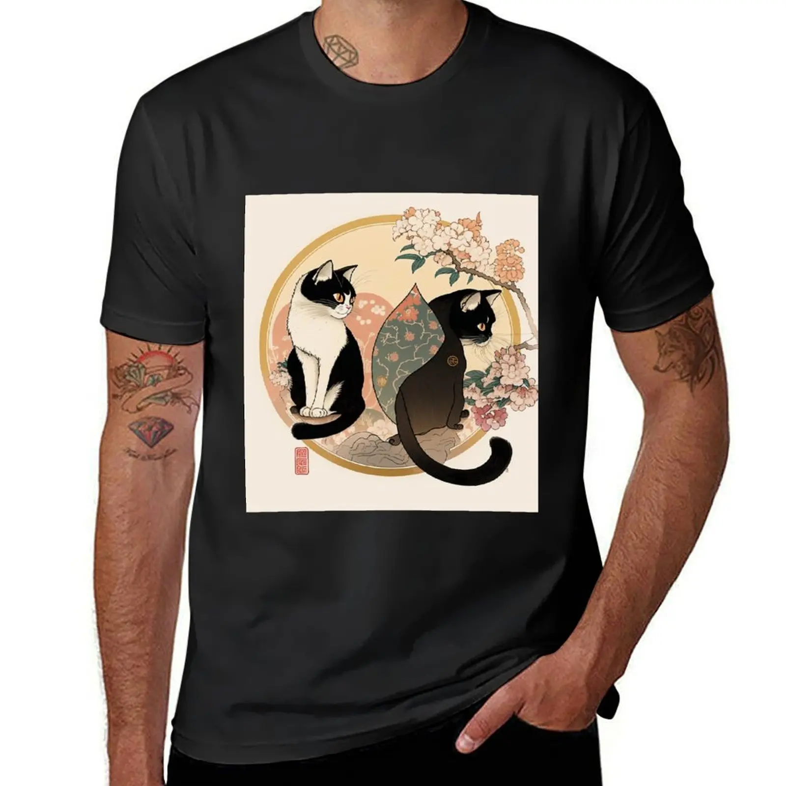 Camiseta de gatos ukiyo-e masculina, blusa preta em branco para menino, verão