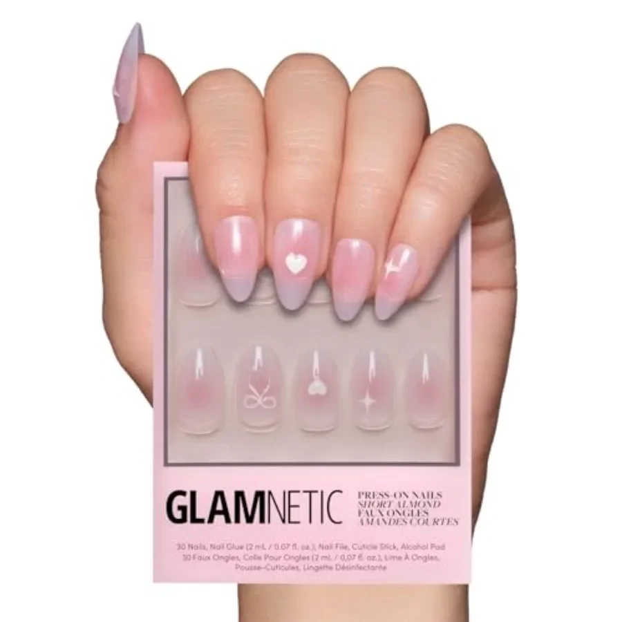

Press On Nails Lovers Knot Короткие миндалевидные ногти с бантиком Многоразовая наклейка на накладные ногти с клеем для весеннего модного образца L