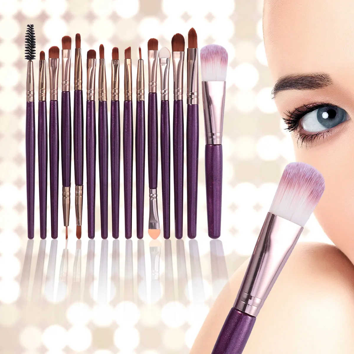 ชุดแปรงแต่งหน้ามืออาชีพ 15 ชิ้น สำหรับใบหน้า ตา ปัดแก้ม แป้ง ขนแปรงไนลอนนุ่ม ด้ามจับตามหลักสรีรศาสตร์