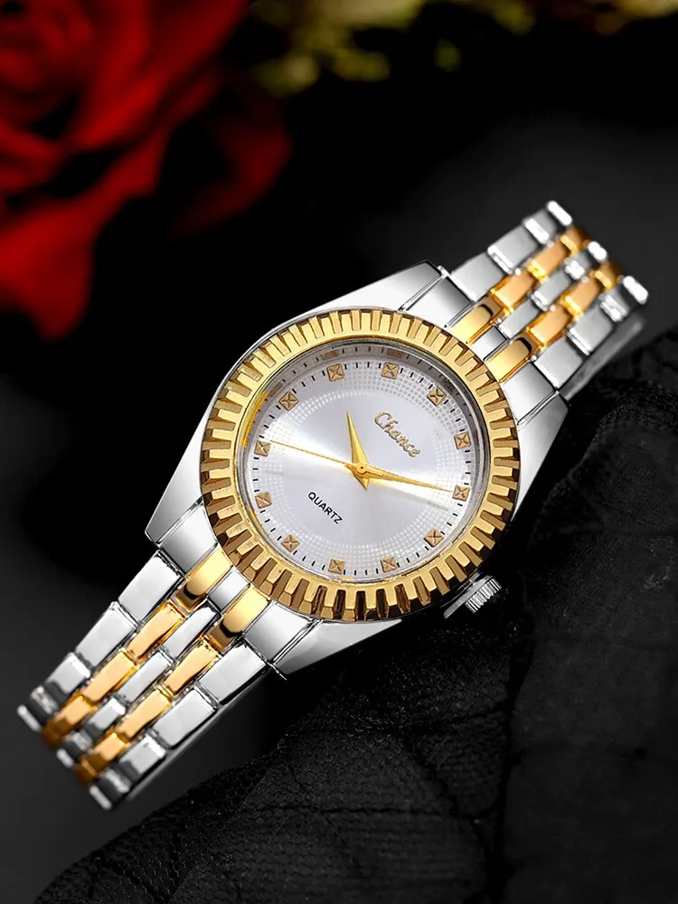 2pcs Women\'s Fashion Trend Round Steel Band Quartz Watch+Diamond Butterfly Chain Bracelet Set