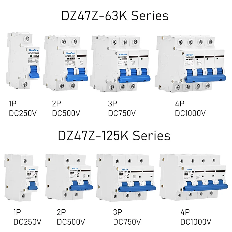 태양광 패널 DC 회로 차단기, DC MCB 250V, 500V, 750V, 1000V, 2P, 3P, 4P, 16A, 32A, 50A, 100A, 125A, 비편광 DC 차단기, PV 시스템