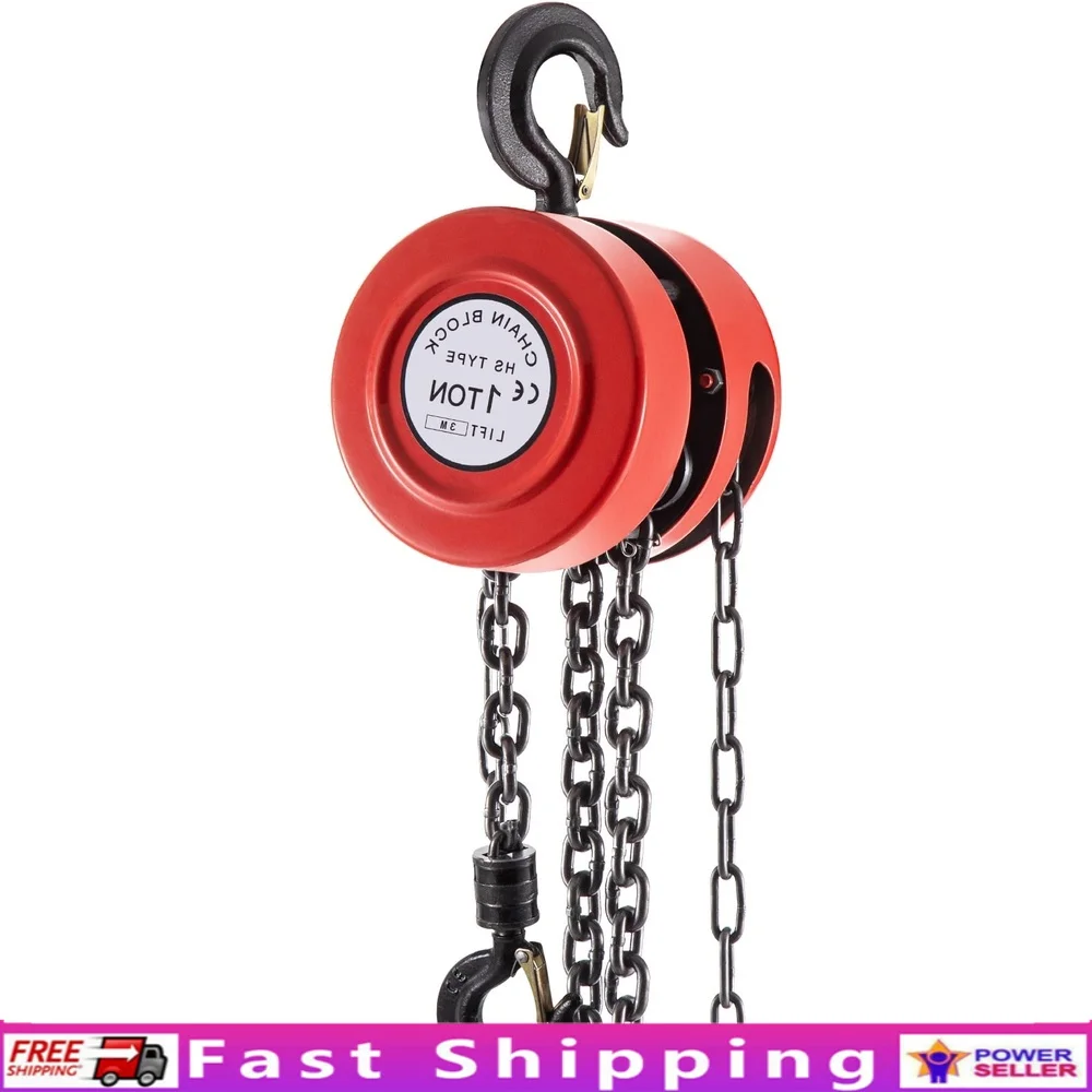 

1 Ton Chain Hoist 2200 lbs Lifting Capacity Manual Block 10 ft Steel Construction Heavy Duty Hoist Industrial Use