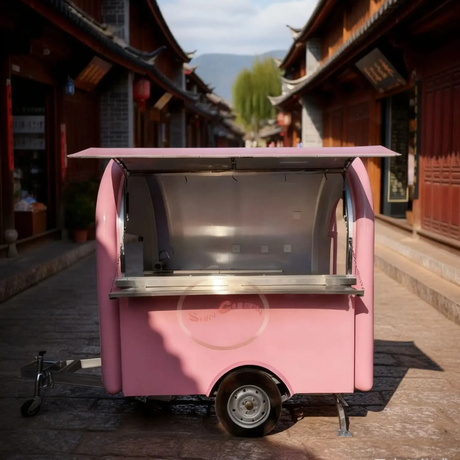 Fresh Pink Outdoor Food Trailer with Foldable Awning round Shape Sales Window Convenience for Street Food Vendor