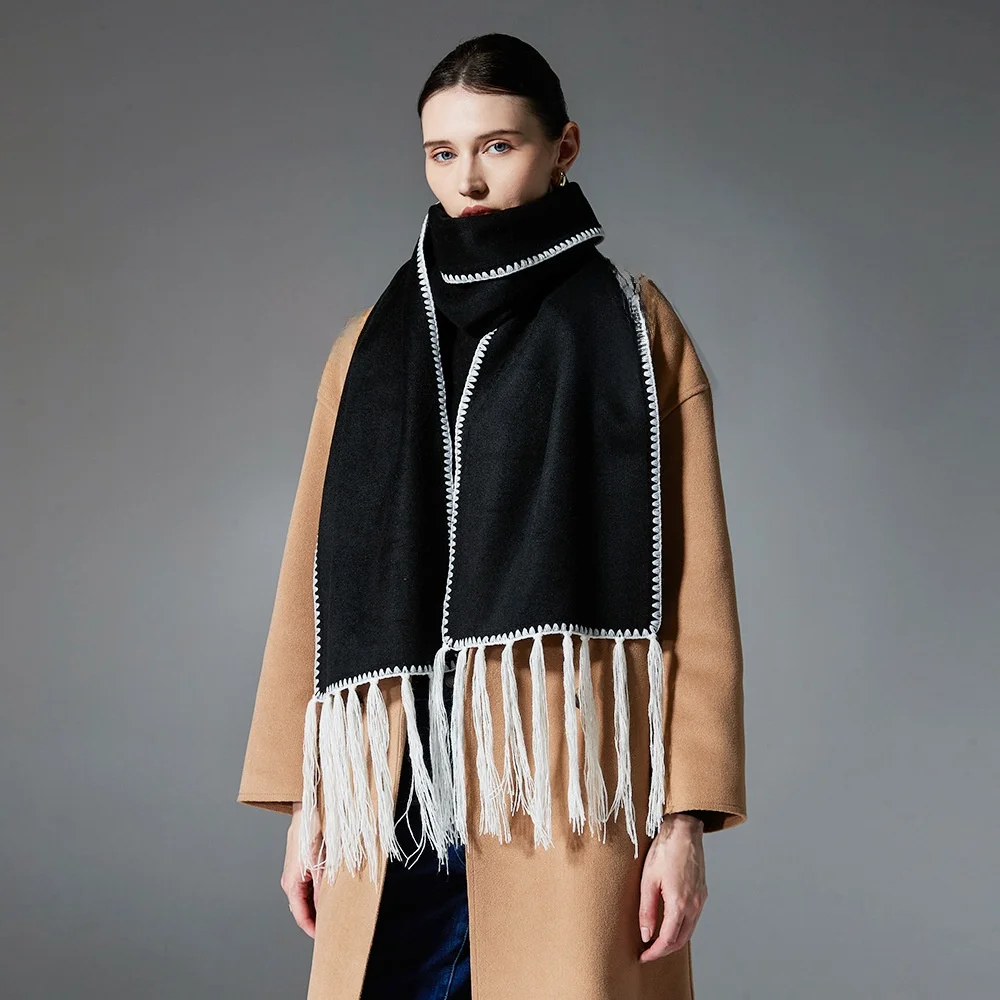 Double-Sided Woolen Scarf with Tassel in Pure Color for Autumn And Winter Business Casual Fashion Warm Scarf for Youth