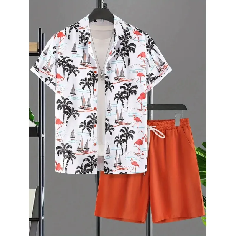 Summer Fashion Set Hawaiian 3D Print Shirt + Shorts Turtleneck Shirt Loose Comfort Drawstring Shorts Beach Vacation Shirt Set