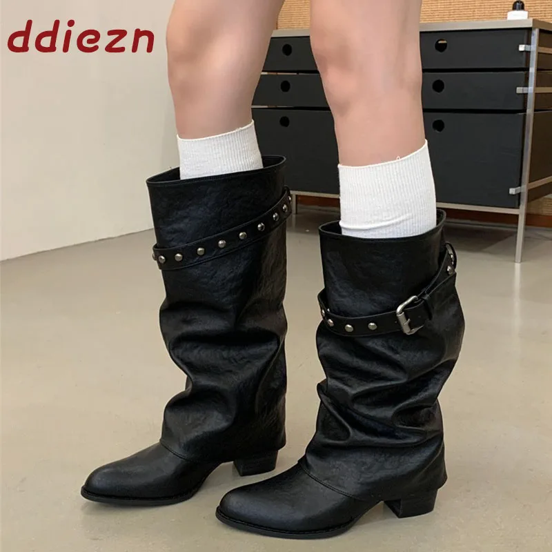 Female Square Heels Pointed Toe Women Knee High Boots Designer Rivet Buckle Ladies Long Booties New In Autumn Winter Shoes