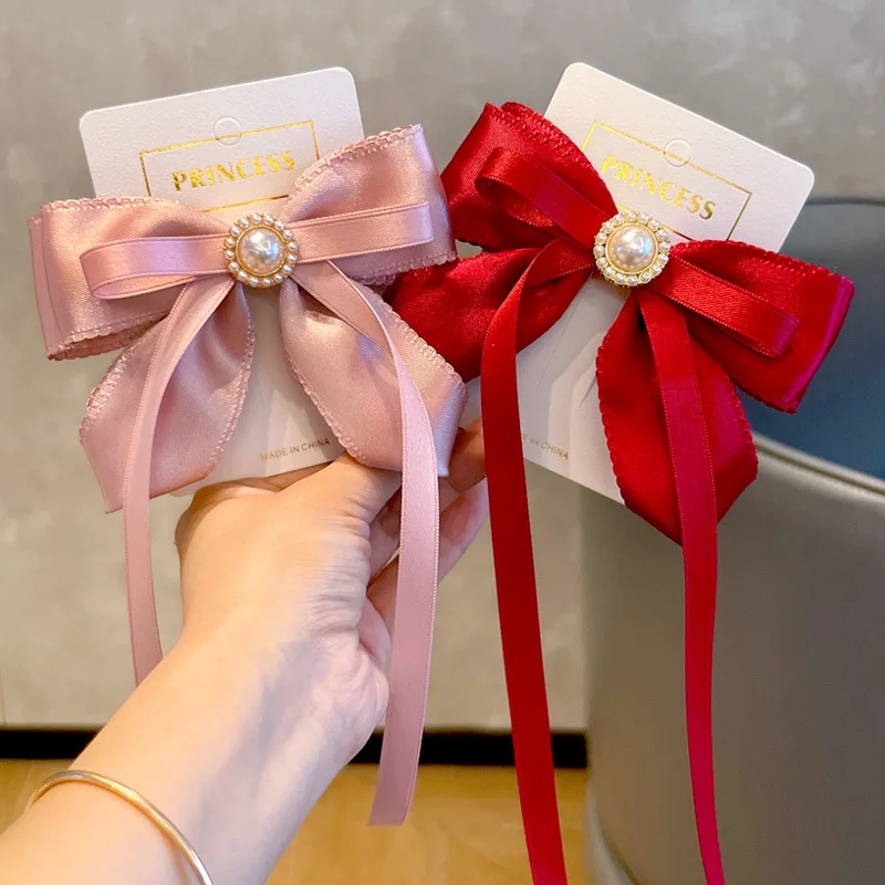 

Glossy Satin Bow Hair Clips with Scalloped Trim & Ribbon Tails Lovely Back Head Barrettes Elegant Princess Hair Accessories