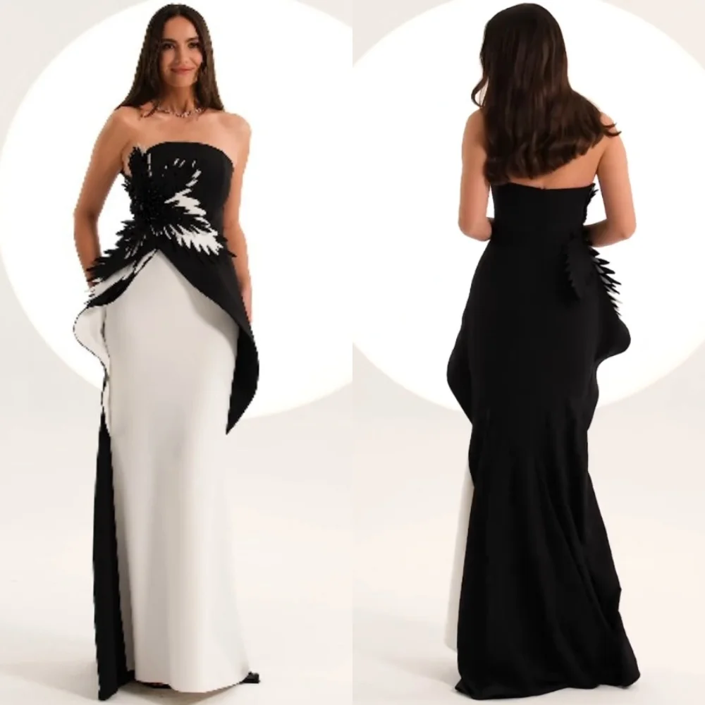

Customized Intricate Matching Jersey Pleat Flower Straight Strapless Long Dresses Bespoke Occasion Fashion