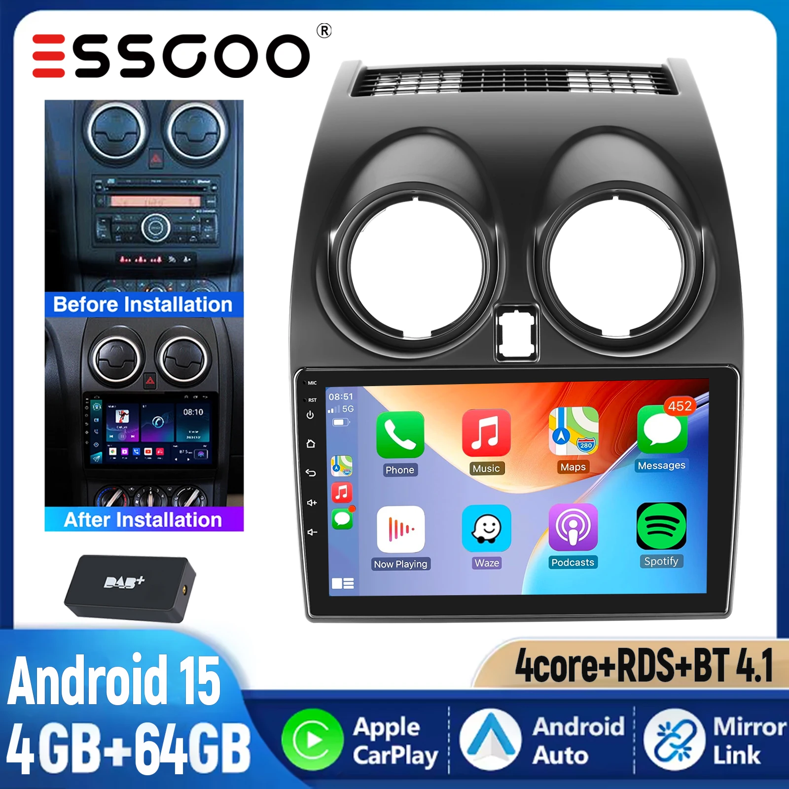 ESSGOO 9" Android 15 autoradio voor Nissan Qashqai J10 2007-2013 met Carplay, GPS, FM, RDS, WIFI, SWC, BT en Mirrorlink