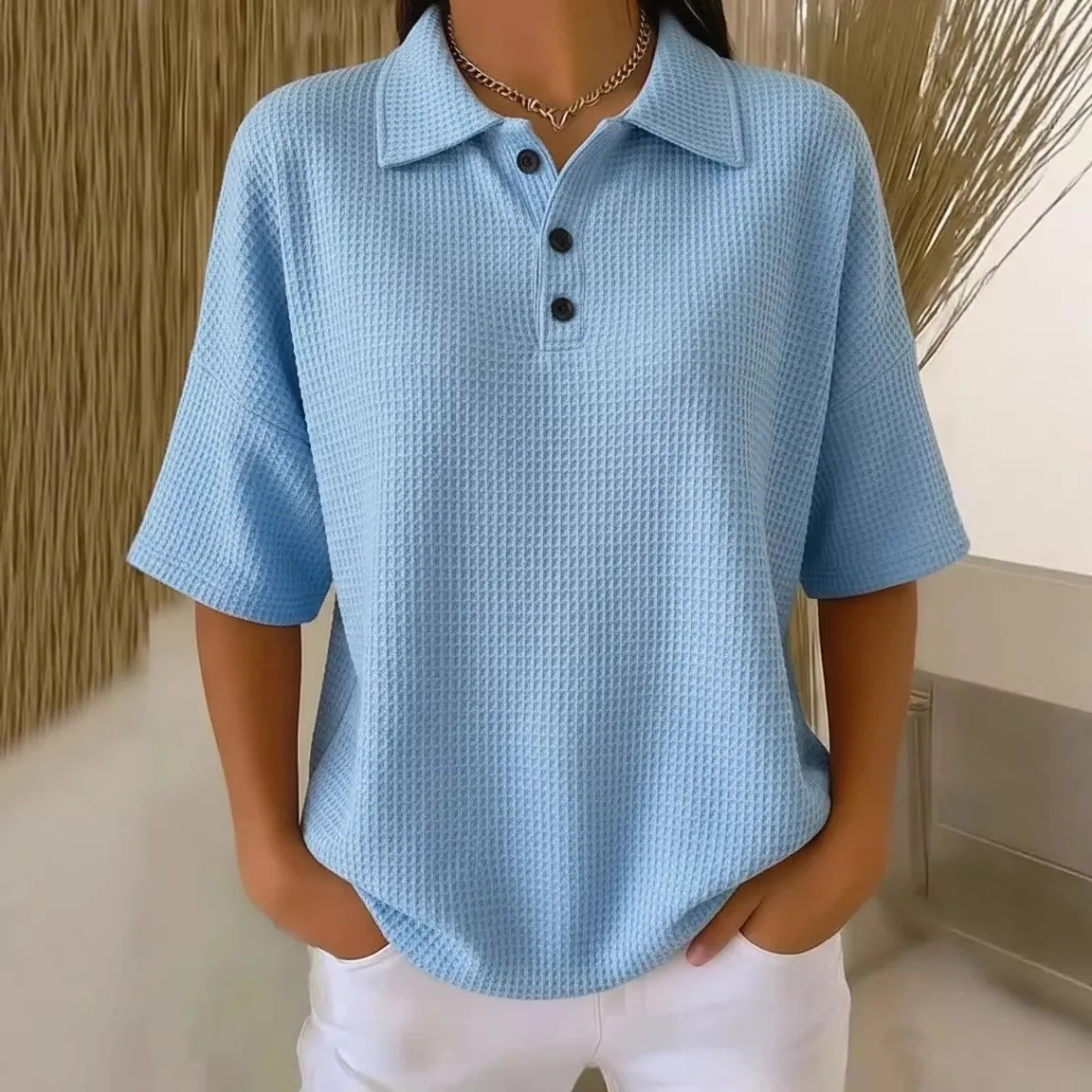 Short Sleeve Pullover Top Regular Fit American Style with Patchwork Casual Drop Shoulder Streetwear Notched Collar for Women