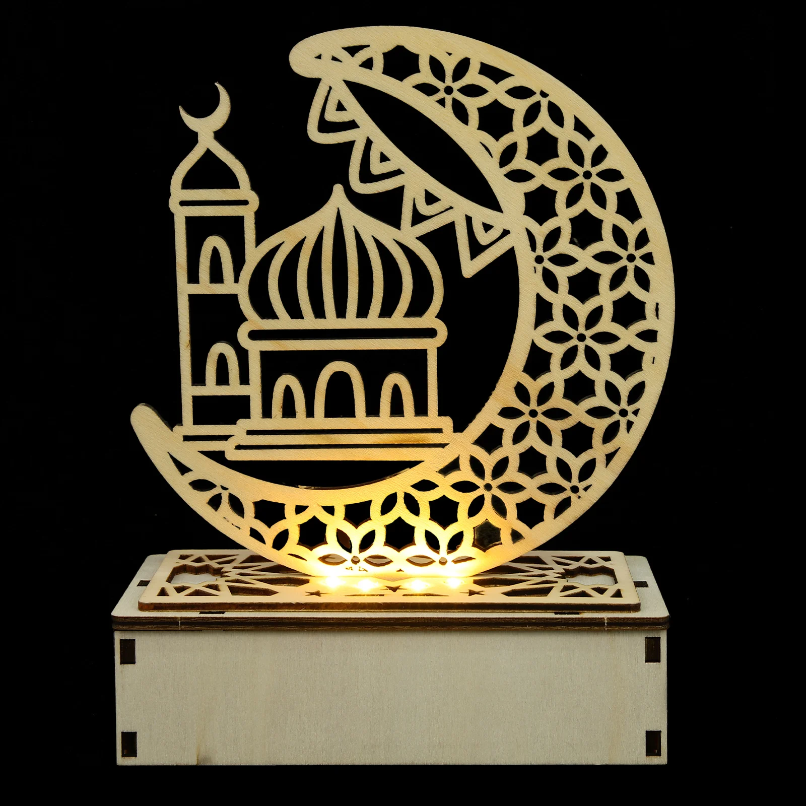 Lampu LED bulan berongga dekorasi rumah lampu malam Lebaran Ramadan pesta Muslim ornamen meja kayu