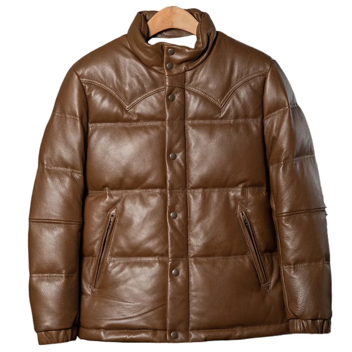 Men's Genuine Sheepskin Leather Down Jacket Brown Pebbled Grain Western Yoke Snap Front Quilted Puffer Warm Winter Zip Pockets