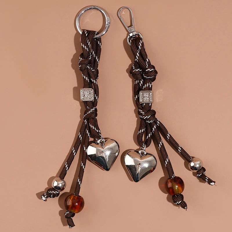 Braided Rope Keychain Silver Heart Bag Pendant Keyring Fashion Simple All-matching Bag Decoration Accessories