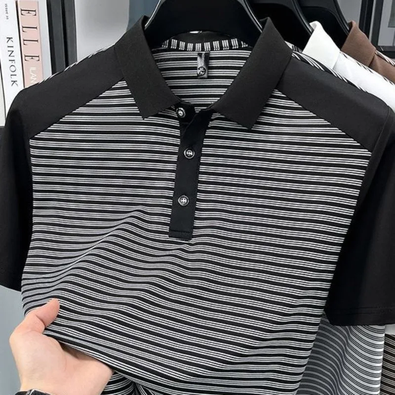Men Raglan Sleeve Color Block Polo Shirt Short Sleeve Black White Fine Striped Front Lapel Summer Business Casual Tops